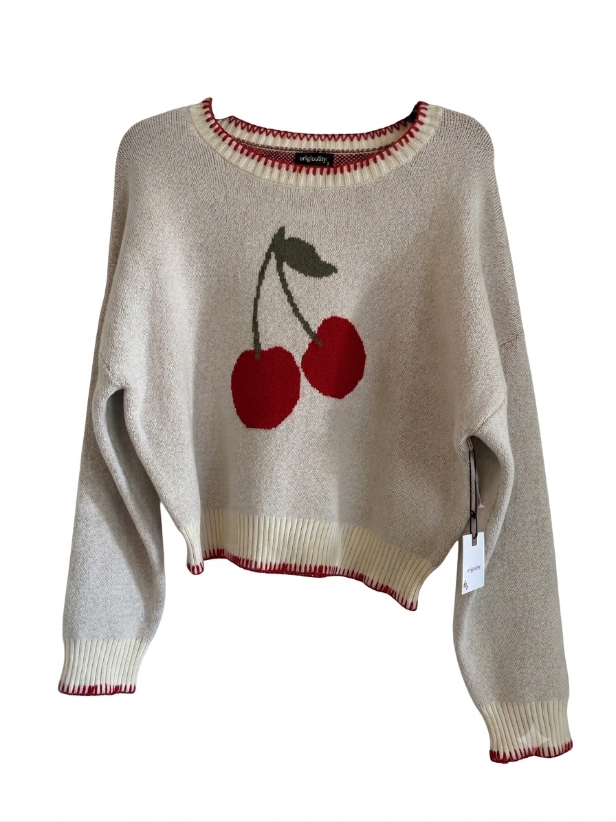 Originality Cream Cherry Knit Crop Sweater Avant Garde Size M Oversized Coquette